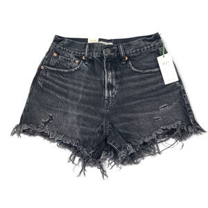 AE77 Women 26 Denim Shorts High Rise Cut Off Organic Cotton Black Distressed NWT
